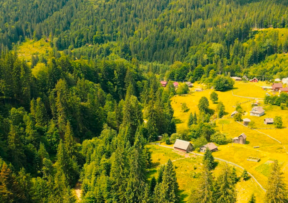 Село розляглось у міжгір'ї Карпат. Величні гори та в далині видніються мініатюрні хатинки гуцулів.
